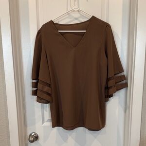 Brown V-Neck Flutter Sleeve Top